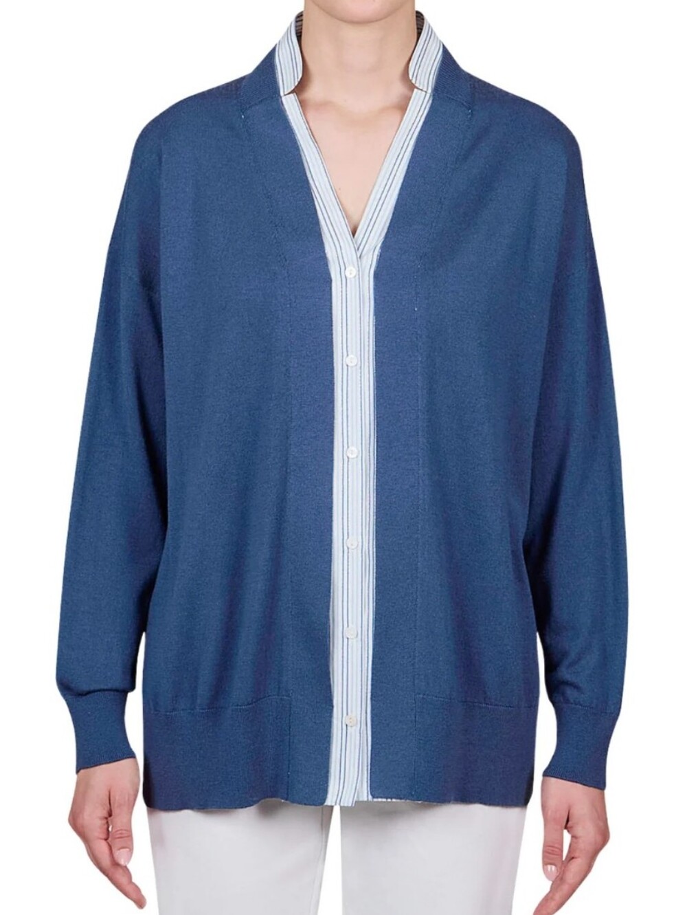 PUROTATTO Blue Sweater Cardigan with Striped Fabric Shirt  Dz Fits XL